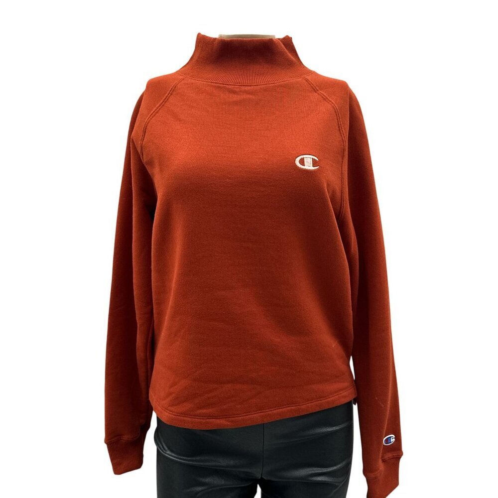 Champion Womens Mock Neck Logo‎ Long Sleeve Split Hem Pullover Sweatshirt Red XS
